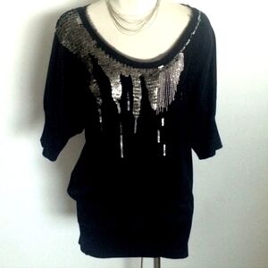 New $98 Bordeaux Anthropologie Black Silver Sequin Beaded Silk Dress Blouse Top